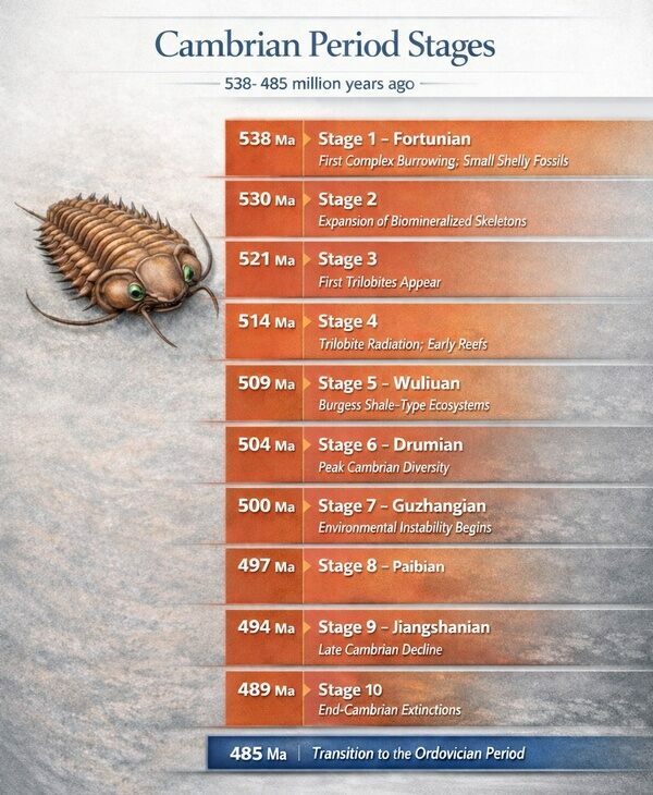 The Cambrian Period is broken up into 10 distinct geological stages.